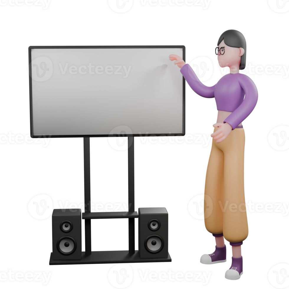Vibrant Dance Cartoon 3D Model. A female dancer is standing while her right hand points to a television to her right. Performer png