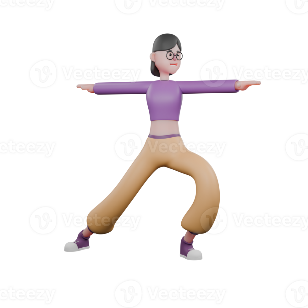 Cartoon Style Dance Performer. A female dancer is standing with her right leg open straight back and the left one bent forward and both hands stretched out to the side. 3D Animation png