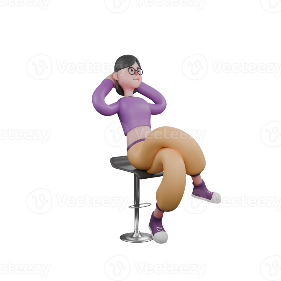 3D Cartoon Dance Star. A female dancer sits on a bar stool with her legs crossed and both palms behind her head. Dance Artist png