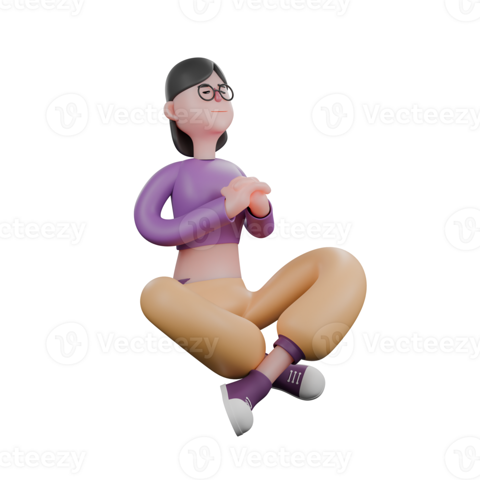 Dancer Character in 3D. A female dancer sits cross-legged on the floor facing left with her head tilted upward while holding her hands on her chest. Performer Illustration png