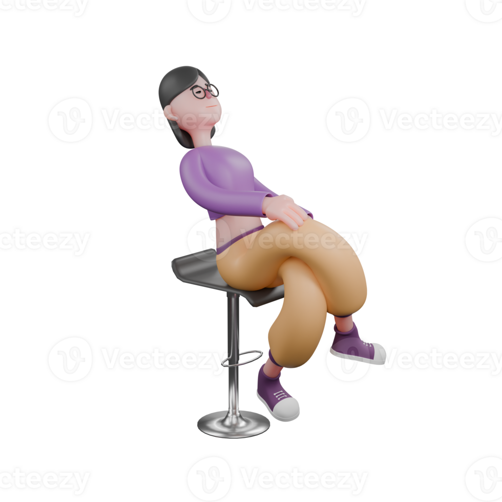 Dancer Character Design in 3D. A female dancer is sitting on a chair facing the left corner and the right leg is on the left leg and her hands are on it with a relaxed expression. Cartoon Style png