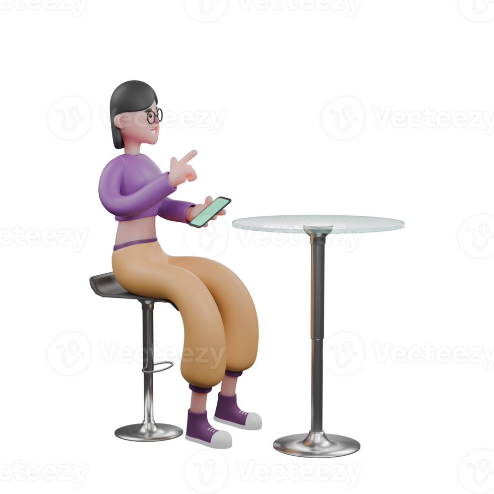 3D Cartoon Dancer Character. A female dancer sits behind a cafe table, left hand holding a cellphone and right hand pointing up. Fun Performer png