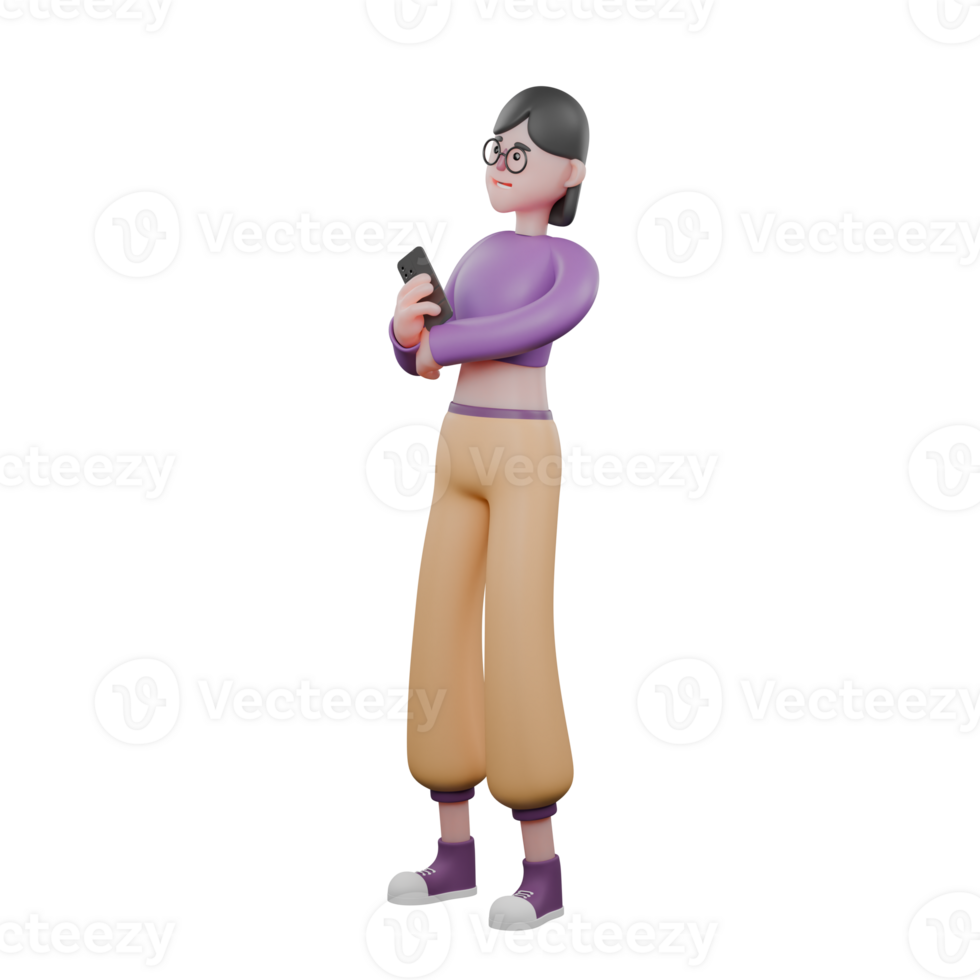 Dynamic Dancer Characte.r A female dancer is standing with her right hand playing with her cellphone while her left hand is wrapped around her stomach. 3D Cartoon Style png