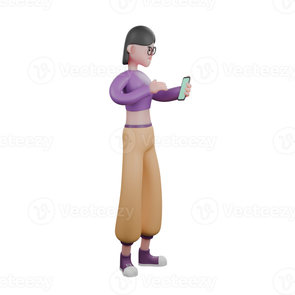 3D Animated Dance Character. A female dancer stands holding a cellphone in her left hand with an angry expression. Cartoon Performer png