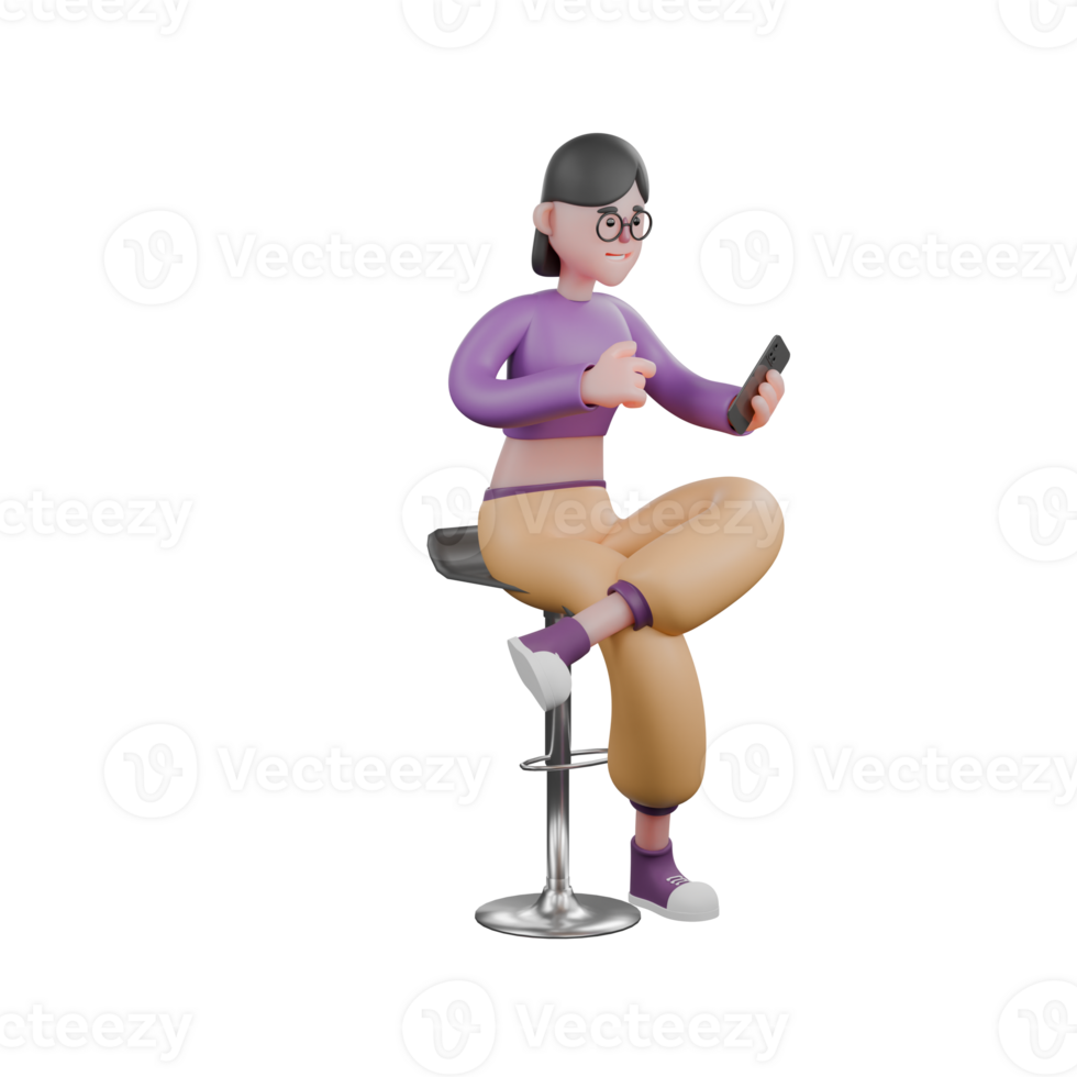 3D Dance Character. A female dancer sits on a chair holding a cellphone in her hand with a serious expression. Fun Cartoon Model png