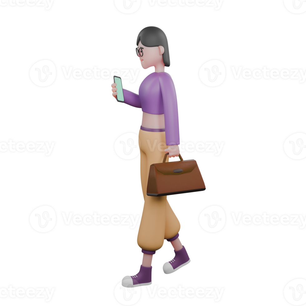 Expressive Cartoon Performer. A female dancer is walking while her left hand is carrying a briefcase and her right hand is playing with her cellphone. 3D Dancer png