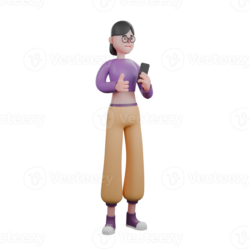 Engaging 3D Cartoon Dancer. A female dancer stands holding a cellphone in her hand with a serious expression. Animation Ready png