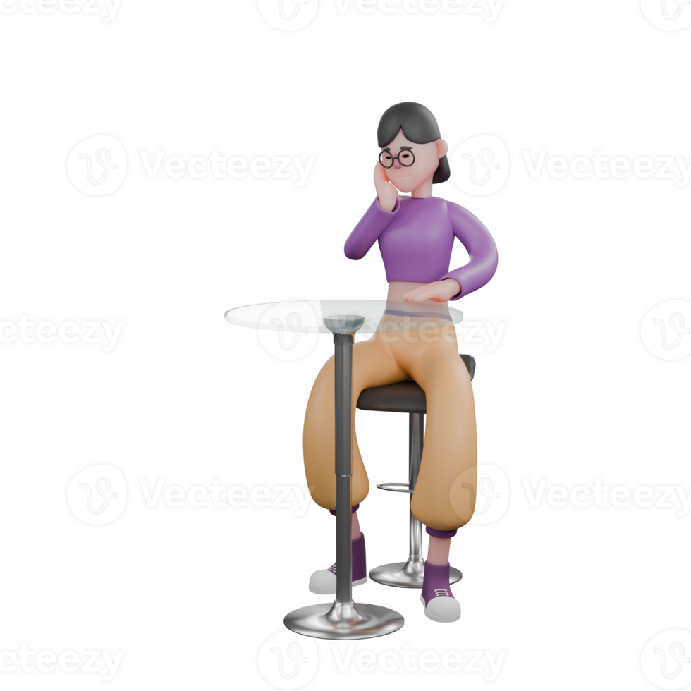 Cartoon Dance Artist in 3D. A female dancer is sitting on a chair behind a glass-covered table and her hand is holding her chin and the left hand on the table is a toothache expression. png