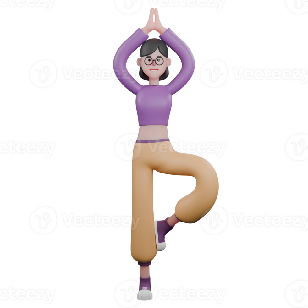 3D Cartoon Dancer Character. A female dancer is standing with her right leg straight and the left one bent and both hands raised in a circle above her head. Vibrant Performer png