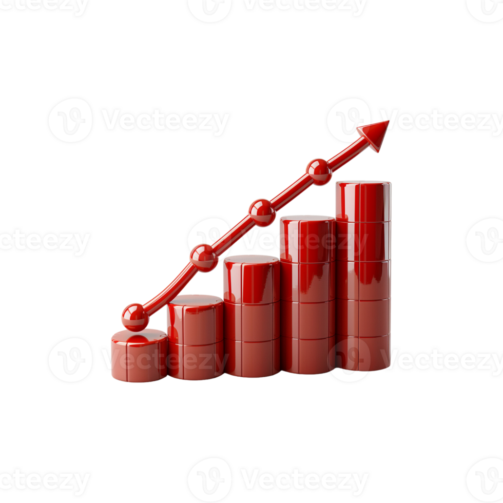 graph bar chart, red, 3d illustration, transparent background png