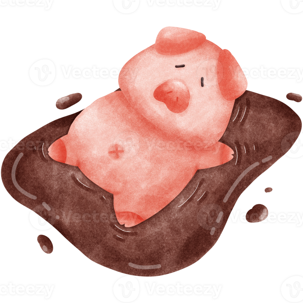 Happy farm water color cute animals collection, Pigs sleeping in a mud pit png