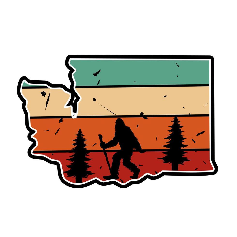 Sasquatch silhouette in Washington Forest with sunset sky grunge background, perfect for print, sticker, apparel, etc vector