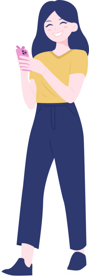 Girl works on smartphone png