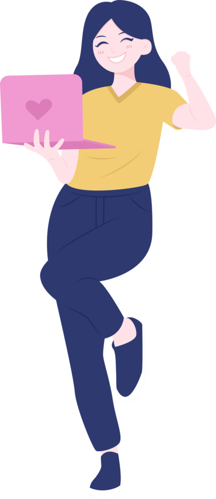 Girl works on laptop png