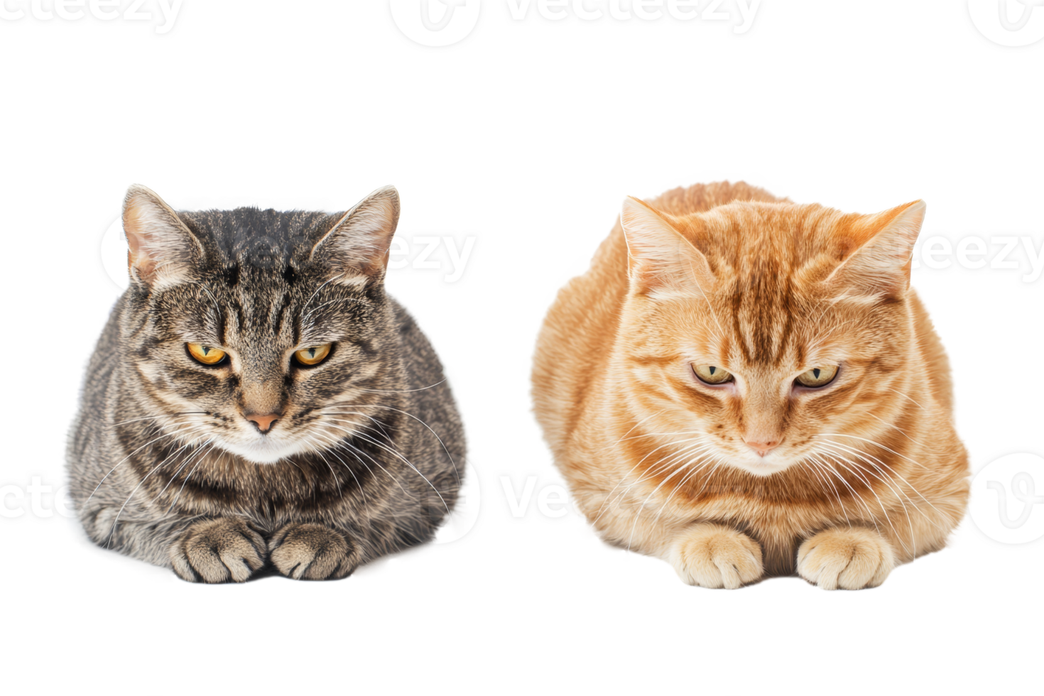 A pair of bored cats resting quietly against a transparent backdrop, embodying the essence of feline melancholy png