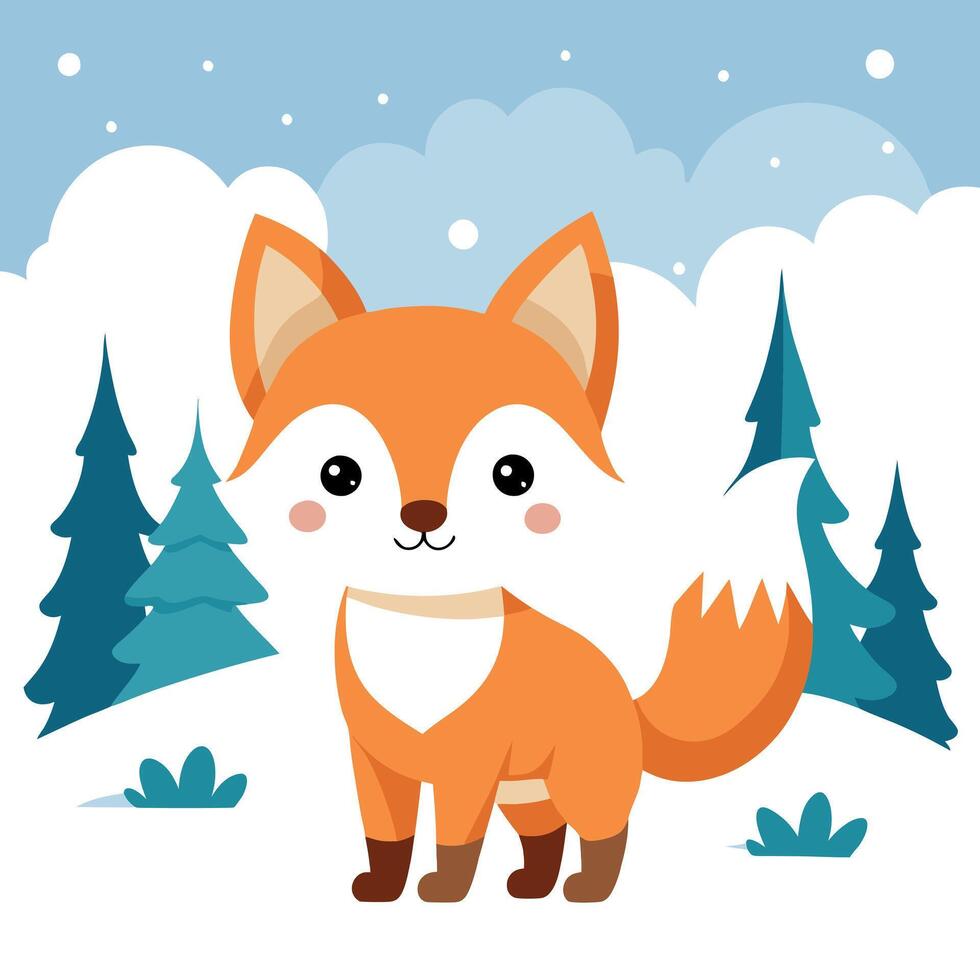 Cute baby fox in a winter forest on a winter day. christmas fox. vector