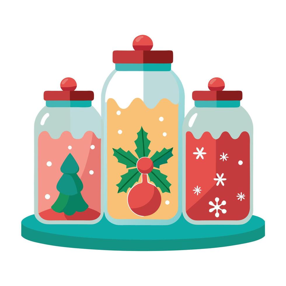 Three glass jars filled with christmas decorations on a table. vector