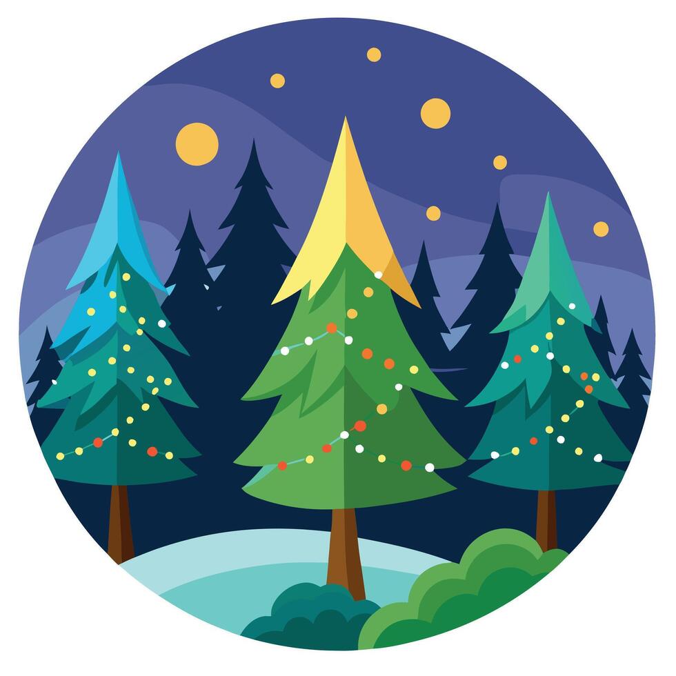 Forest with christmas trees and glowing lights as christmas illustration vector