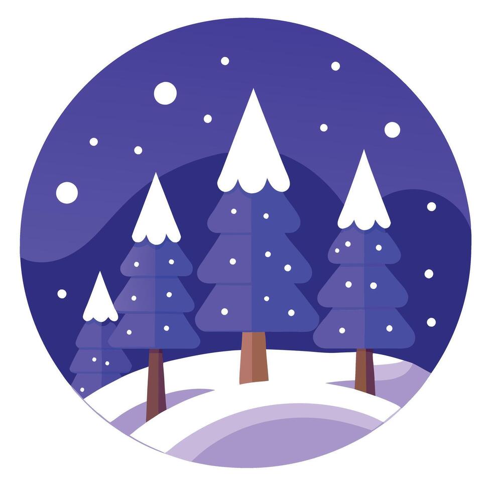 Merry Christmas snowy trees purple background. xmas backdrop. vector
