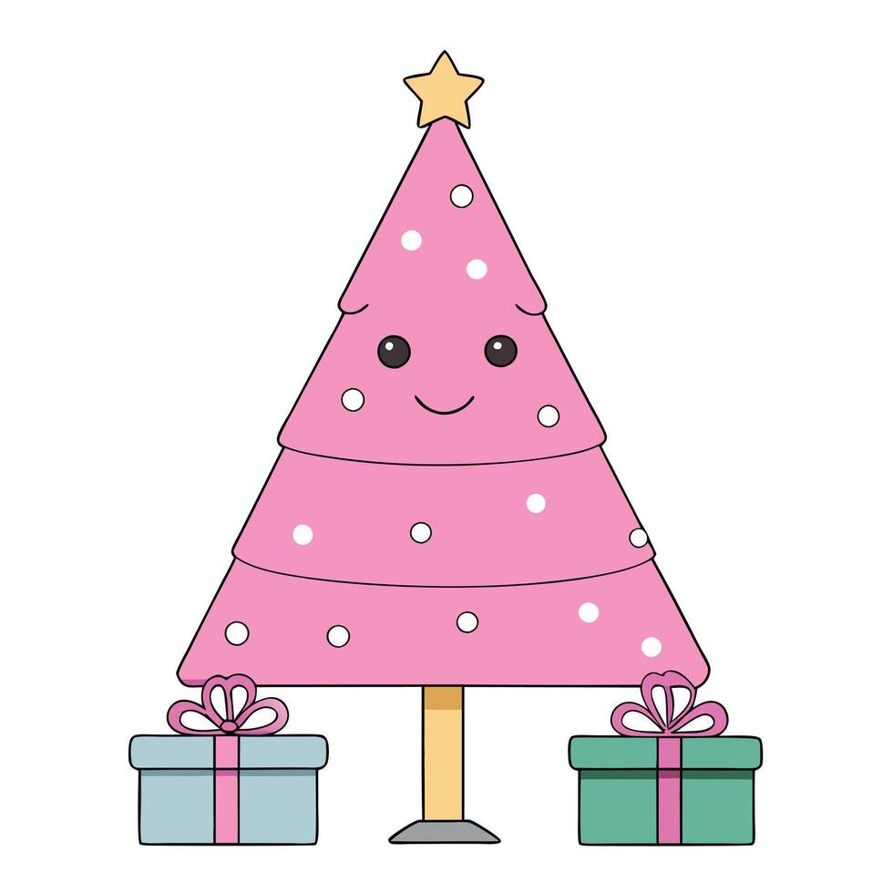 A pink christmas tree with presents under it on a table. vector