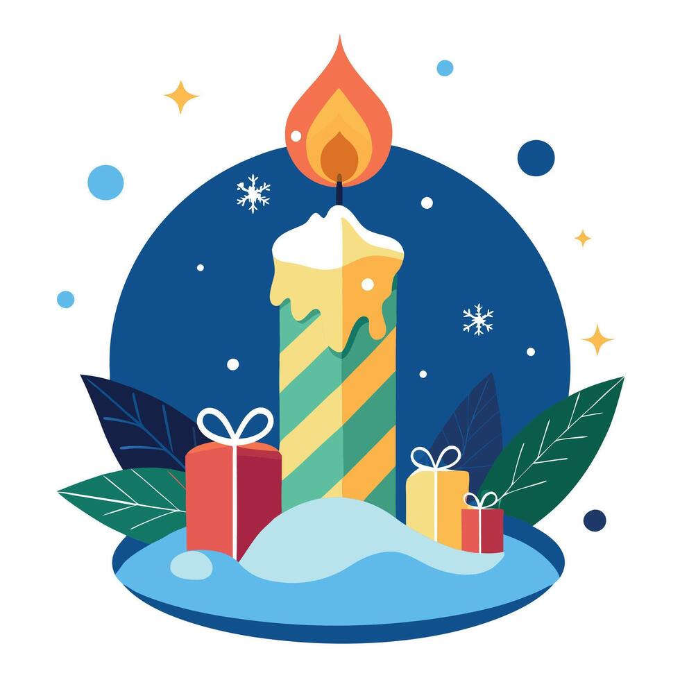 A candle is lit on a snowy night with christmas decorations. art illustration. vector