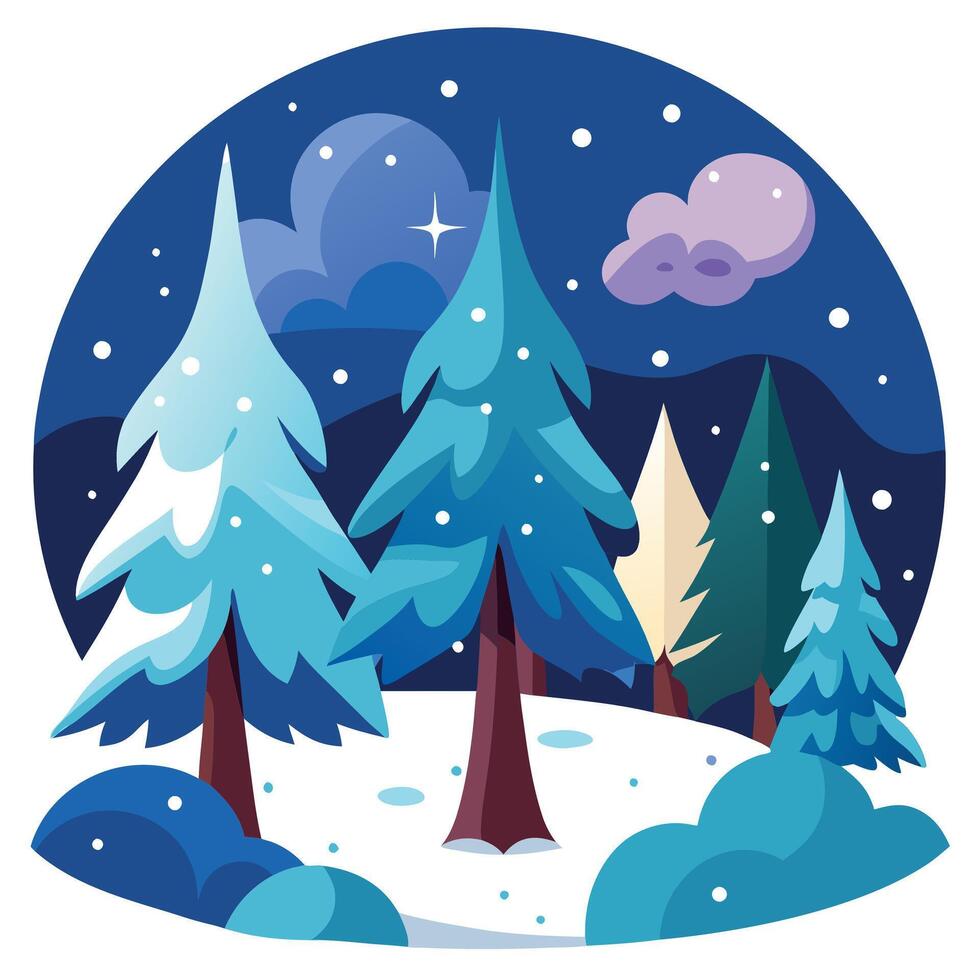 Magical trees with snow in winter forest at christmas night vector