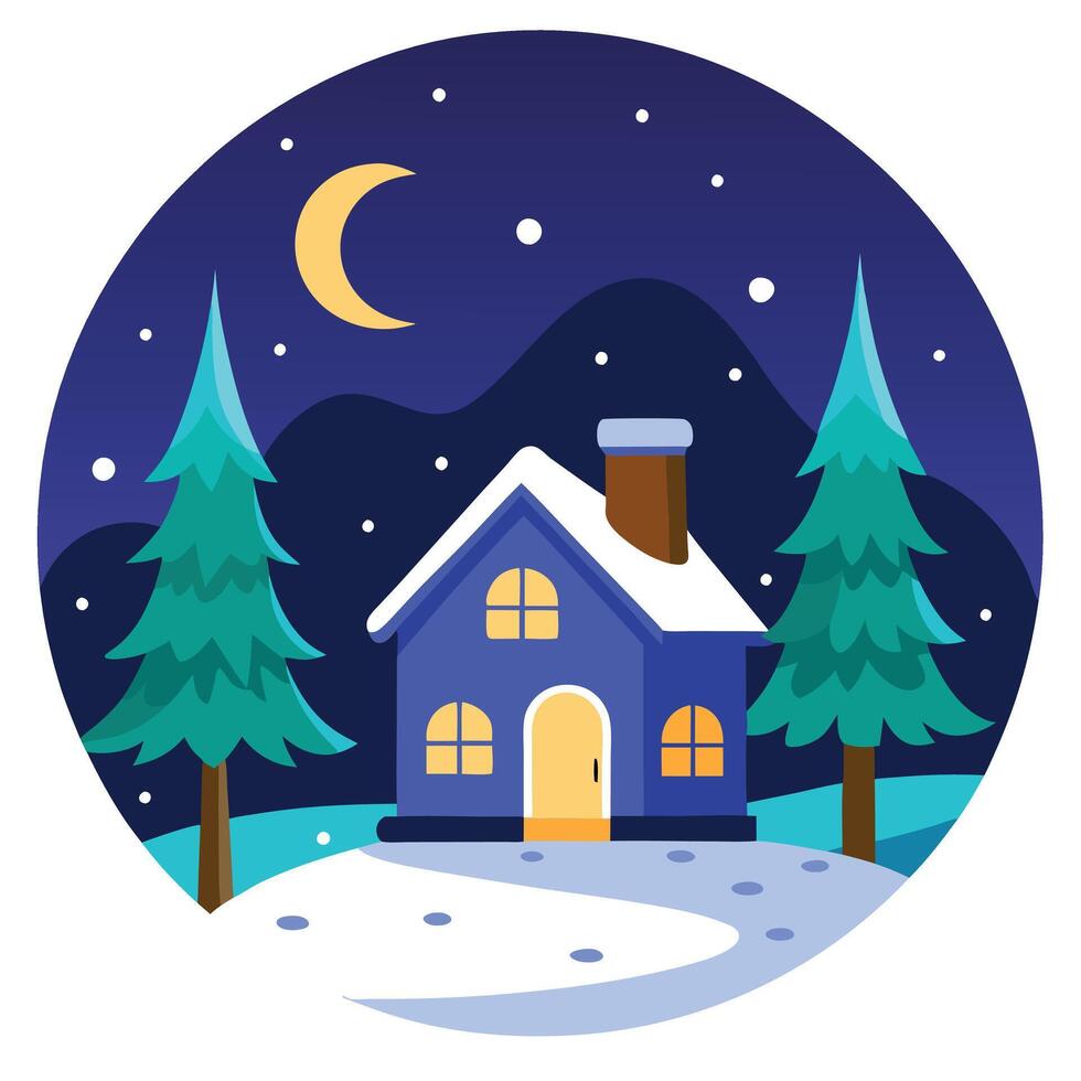 Winter house with snow and trees on a snowy night vector