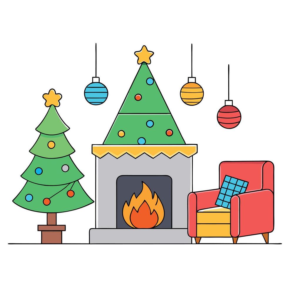 The snow covered Christmas tree contrasts with the dark blue backdrop . vector