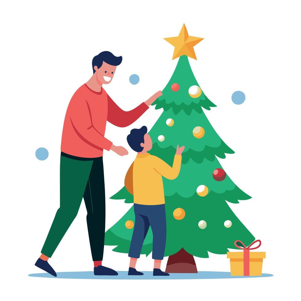 Father and son arranging decorations on Christmas tree with blurred background vector