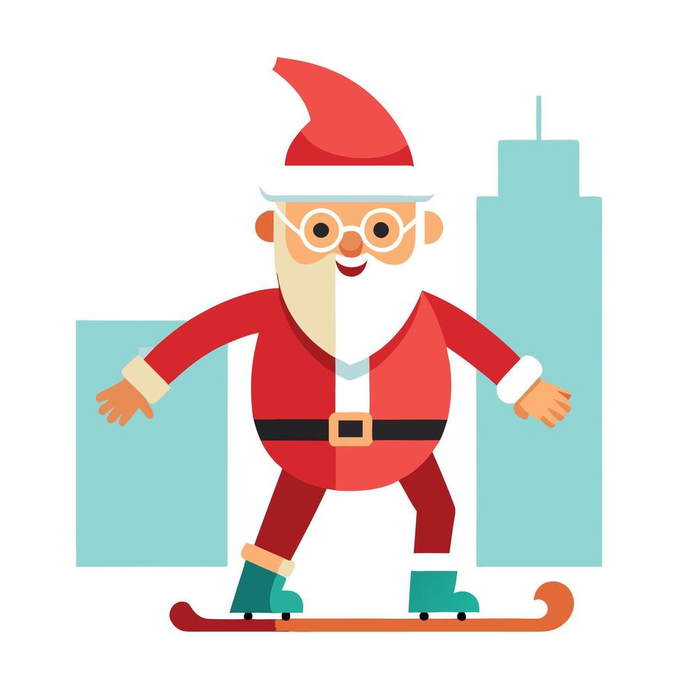 Modern santa claus with glasses and urban style riding a skateboard through the streets of the city vector