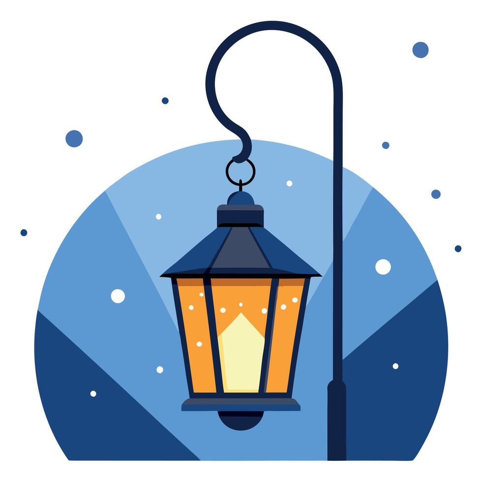Glowing Lantern Hanging on Shepherd's Hook in a Snowy Winter Evening vector