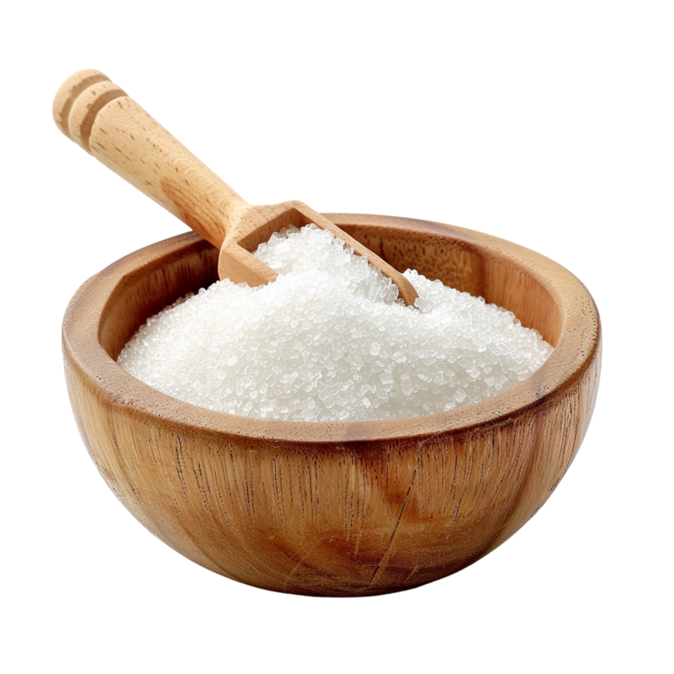white sugar in wooden spoon and bowl isolated on transparent background png