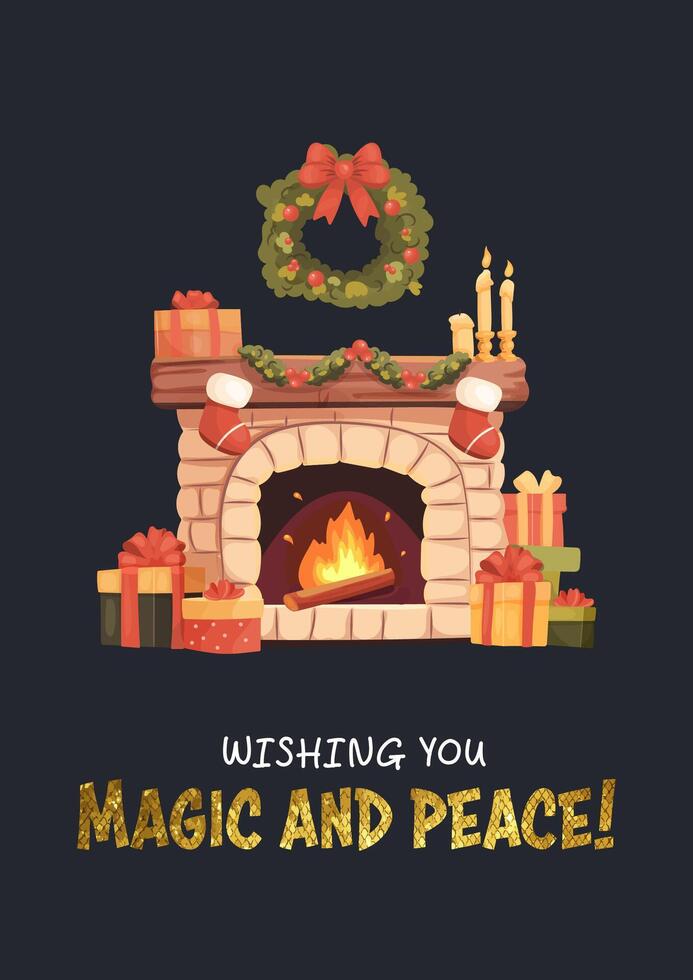 A Christmas card, a cozy fireplace and a greeting. illustration vector