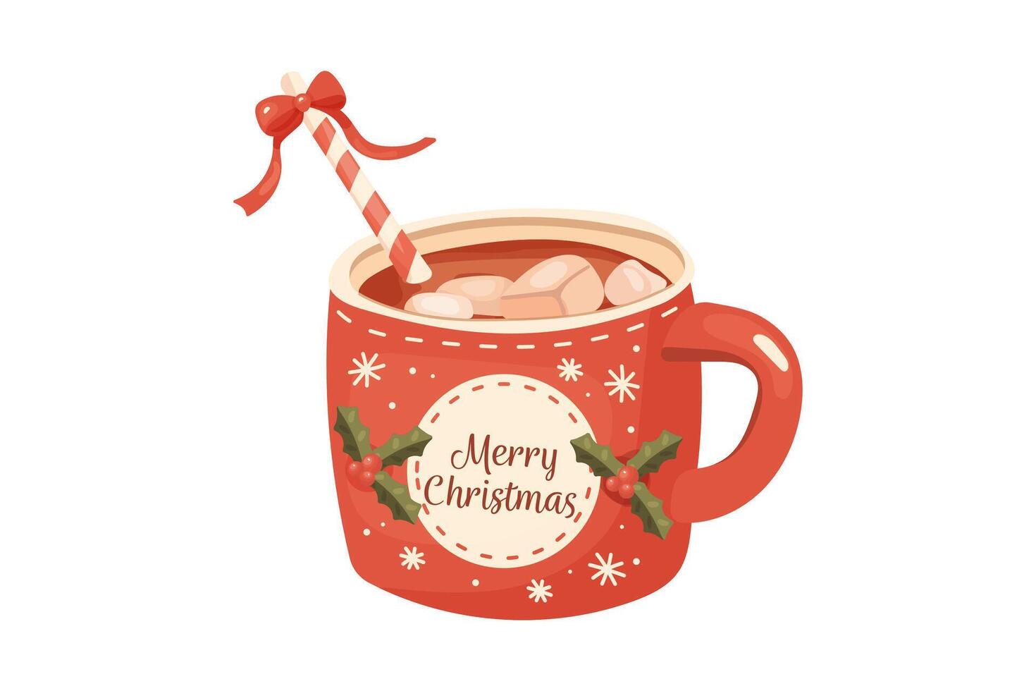 Cocoa and marshmallow mug, cartoon style, Christmas. Cozy vector