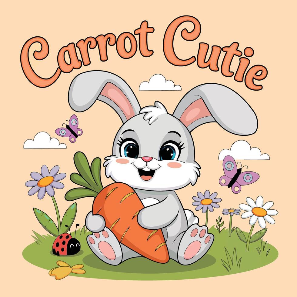 Kids t shirt design with cute bunny in flower field holding carrot with Carrot Cutie text above vector