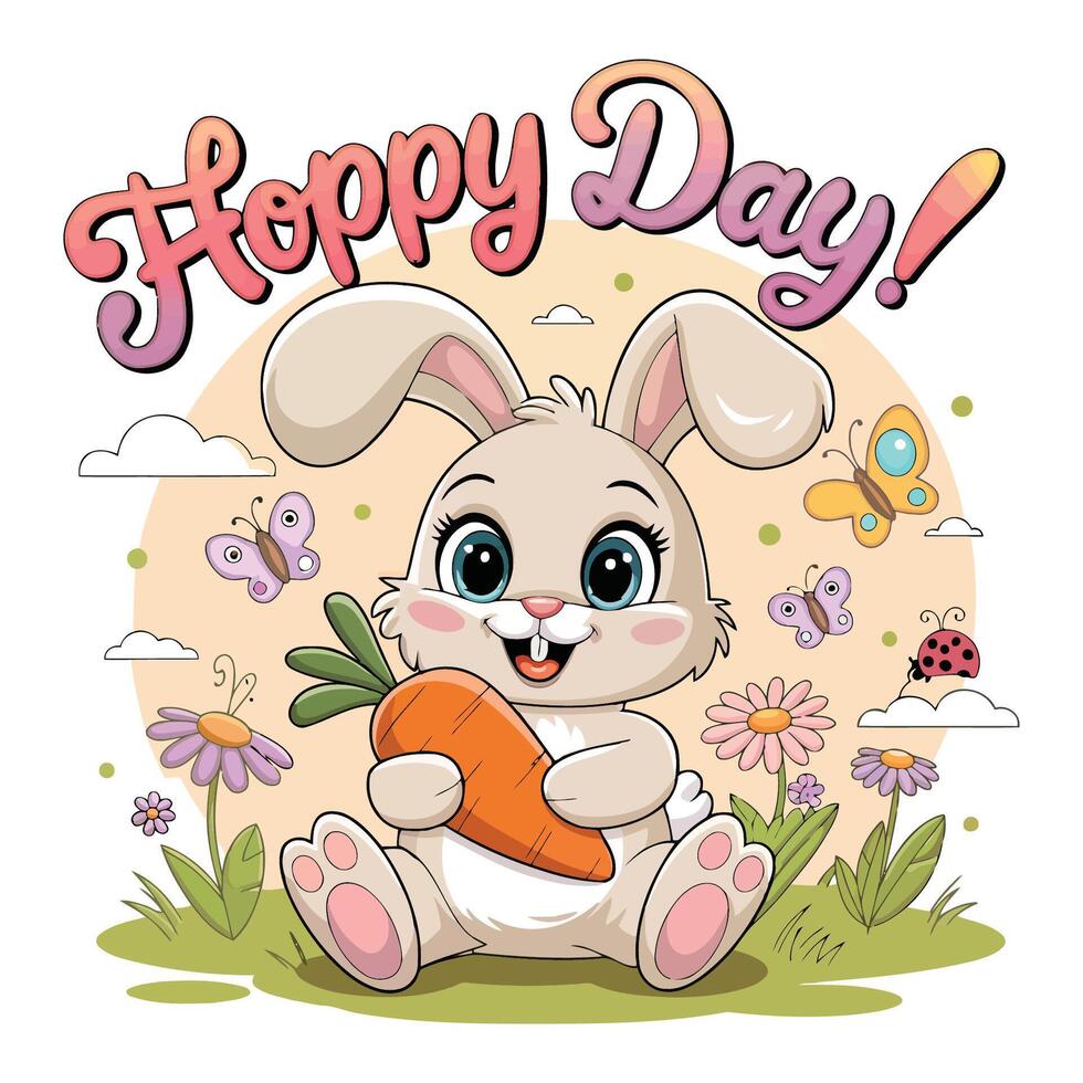 Kids t shirt design with cute bunny holding carrot in field with butterflies and Hoppy Day text vector