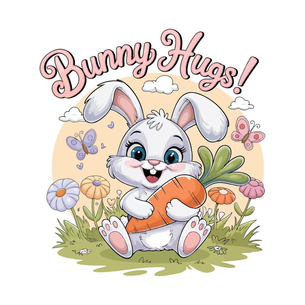 Kids t shirt design with cute bunny in flower field holding carrot with Bunny Hugs text above vector