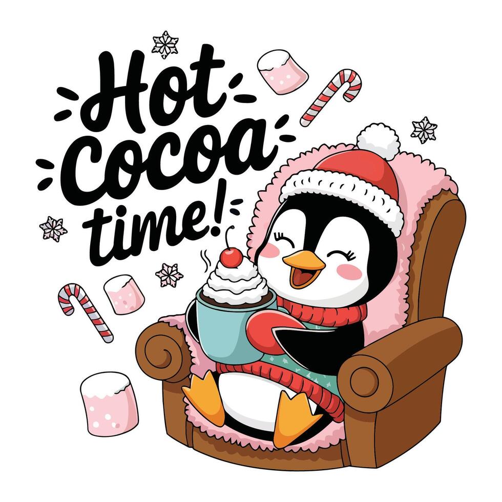 Kids t shirt design with cartoon penguin in chair enjoying hot cocoa with Hot Cocoa Time above vector