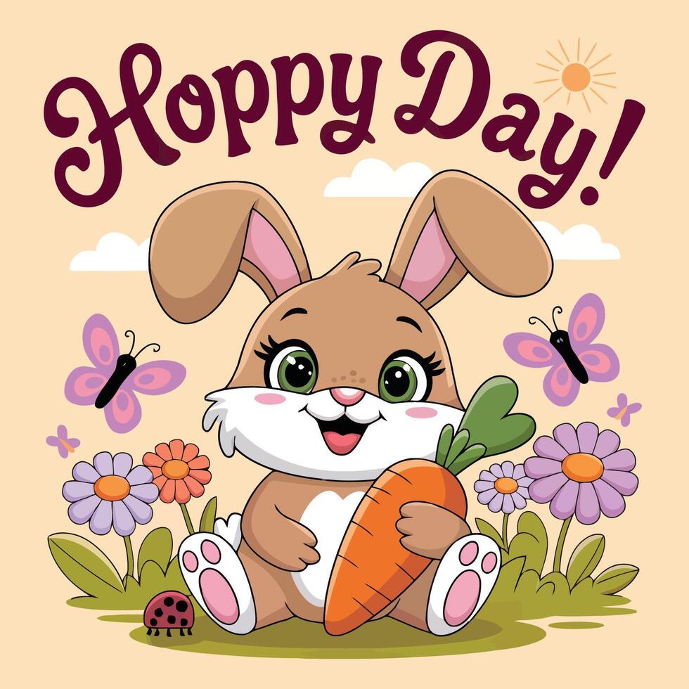 Kids t shirt design with adorable bunny in flower field holding carrot with Hoppy Day text above vector