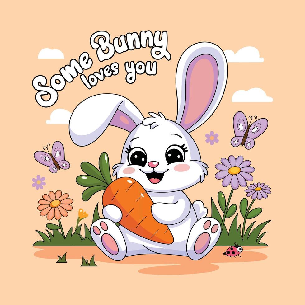 Kids t shirt design with cute bunny in flower field holding carrot with Some Bunny Loves You text vector