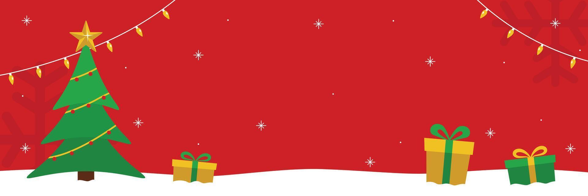 Christmas banner template flat illustration with pine tree and gift boxes on snow vector