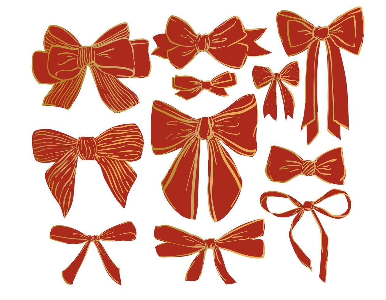 Set of Red Hand-Drawn Bows - Charming Collection of Red Bows in hand drawn Style for Holiday Decor, Gift Wrapping, and Creative Projects. vector