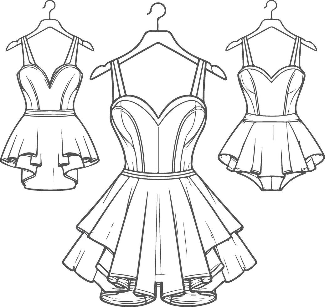 Fashion design sketch ballet inspired dresses sweetheart neckline spaghetti straps fitted bodice flared skirt ruffled layers peplum detail hangers black and white line drawing vector