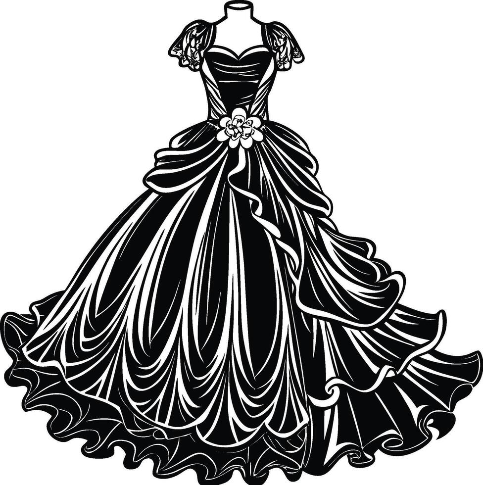 Silhouette of a young pretty woman in long dress with frill, fluffy skirt. Bride silhouette vector