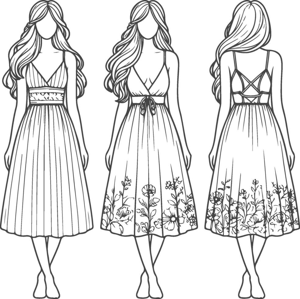 drawings on the theme of beautiful slim sporty girl in casual clothes in various poses painted ink hand sketch with no background vector