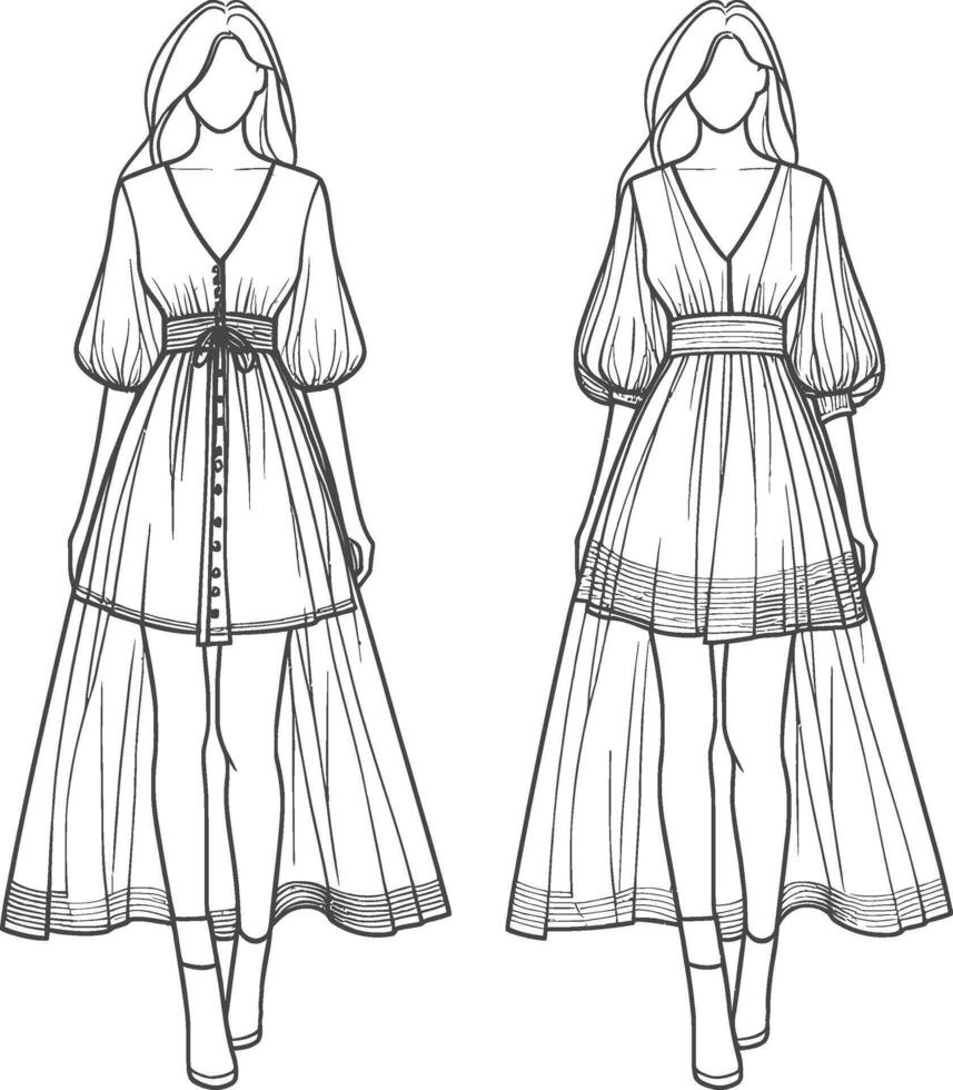 voluminous fabric, graceful pose, artistic rendering, fashion blueprint vector