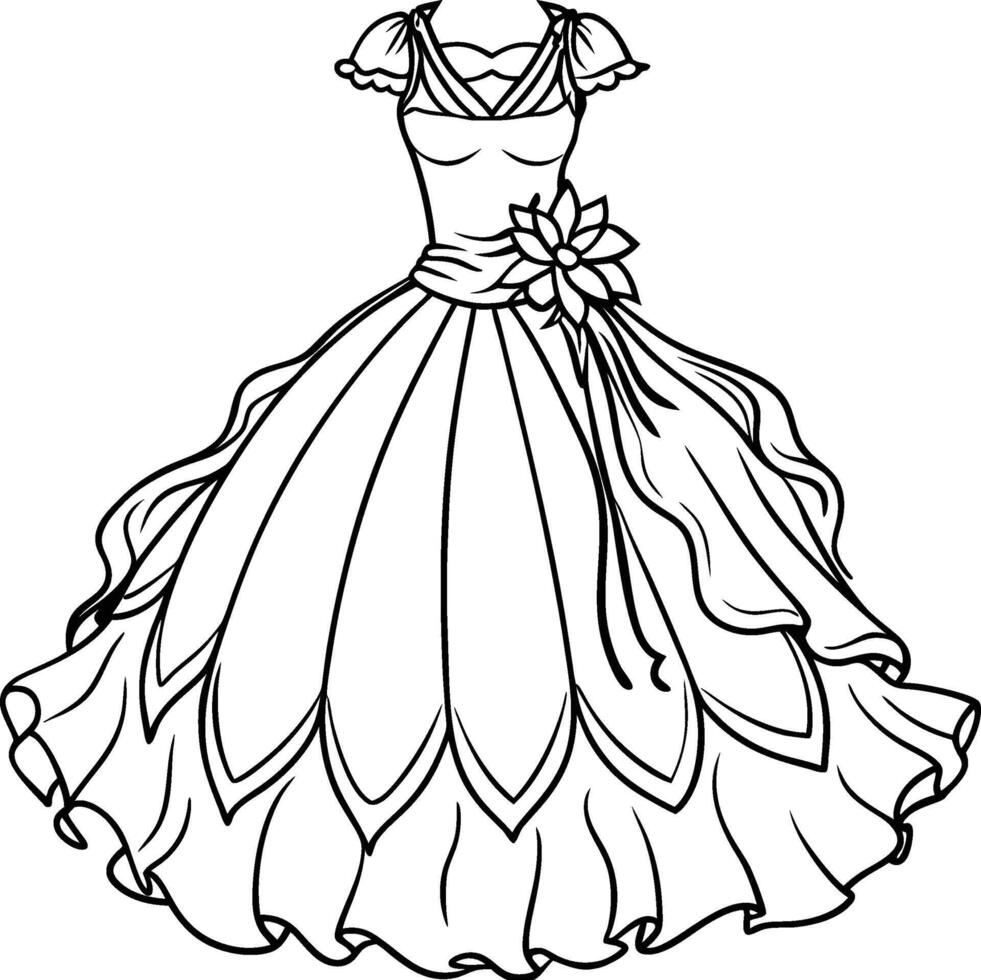 Elegant ball gown, intricate floral design, petal-like skirt. vector