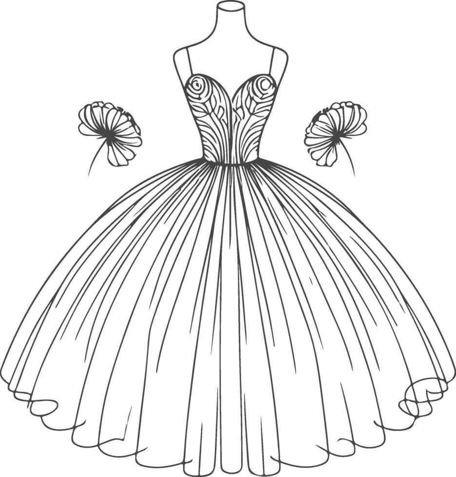 elegant ball gown sketch, strapless dress with intricate bodice design vector