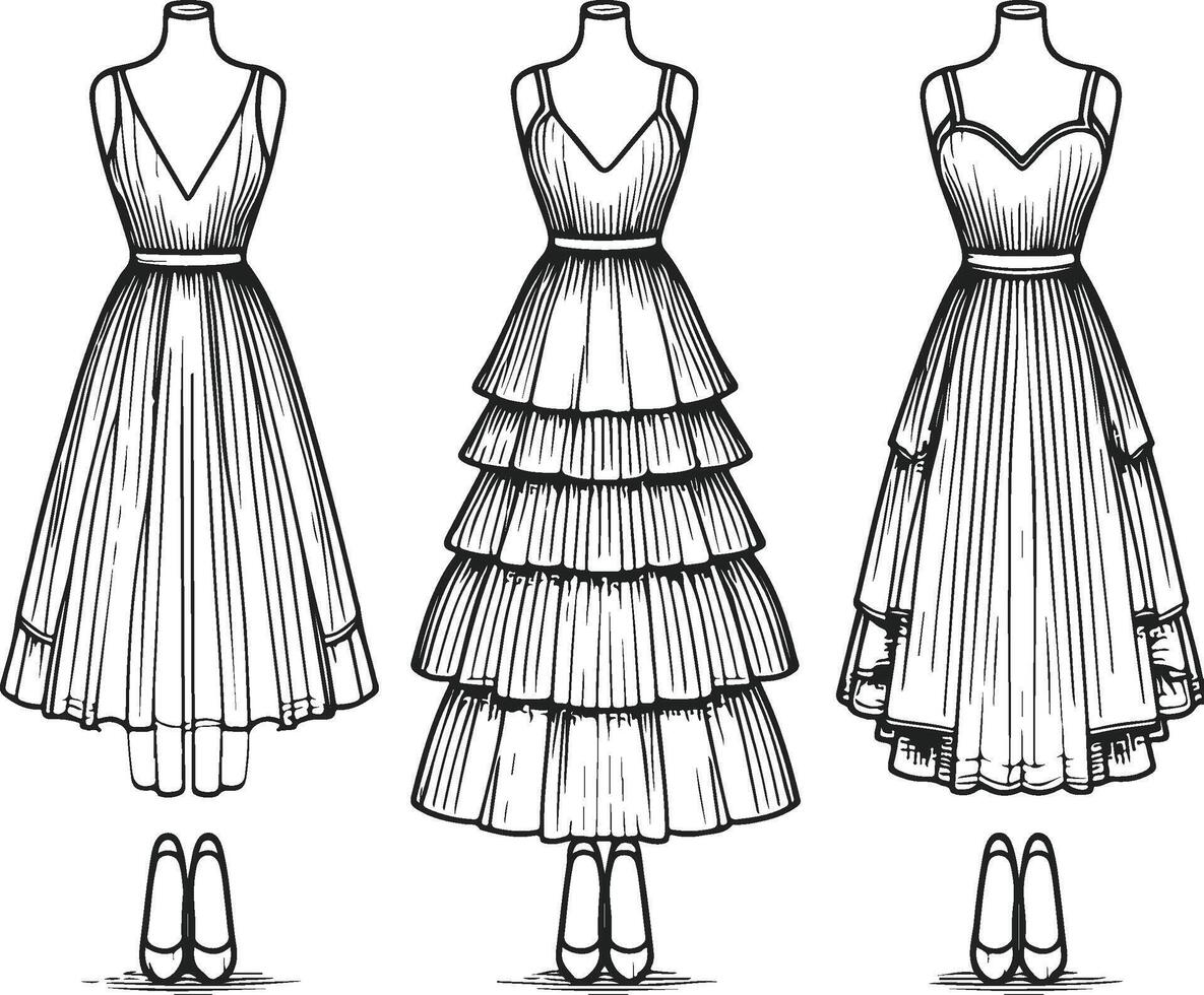 Elegant evening gowns, black and white sketch, fashion illustration, v-neck dresses, tiered ruffles, flowing fabric, puff sleeves, empire waist, sleeveless design, vector