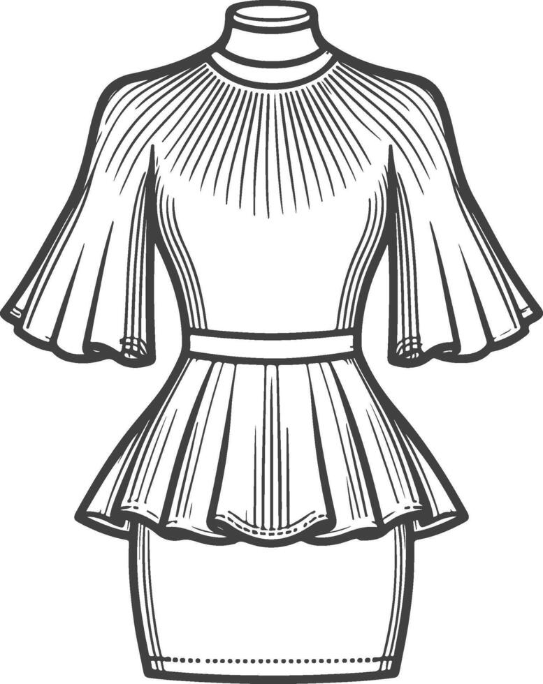 Fashion illustration elegant peplum dress turtleneck flared sleeves fitted silhouette pleated details vector
